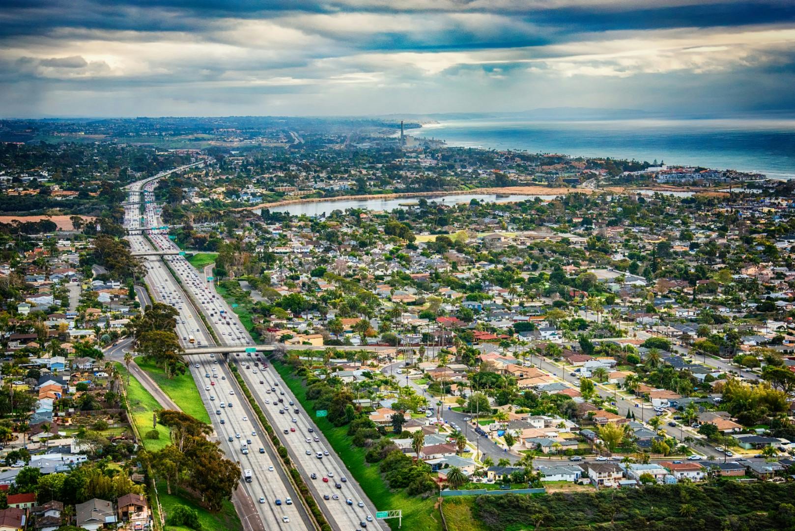 Aerial view of a city and highway